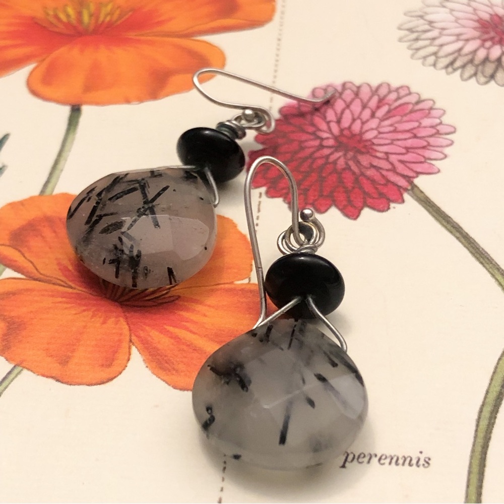 Stamped 925 sterling silver earrings w/ rutilated quartz briolette drops
